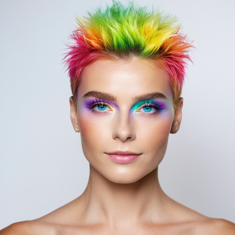 white background, front shot studio photo of a rainbow bright  looks at viewer, cinematic shot
