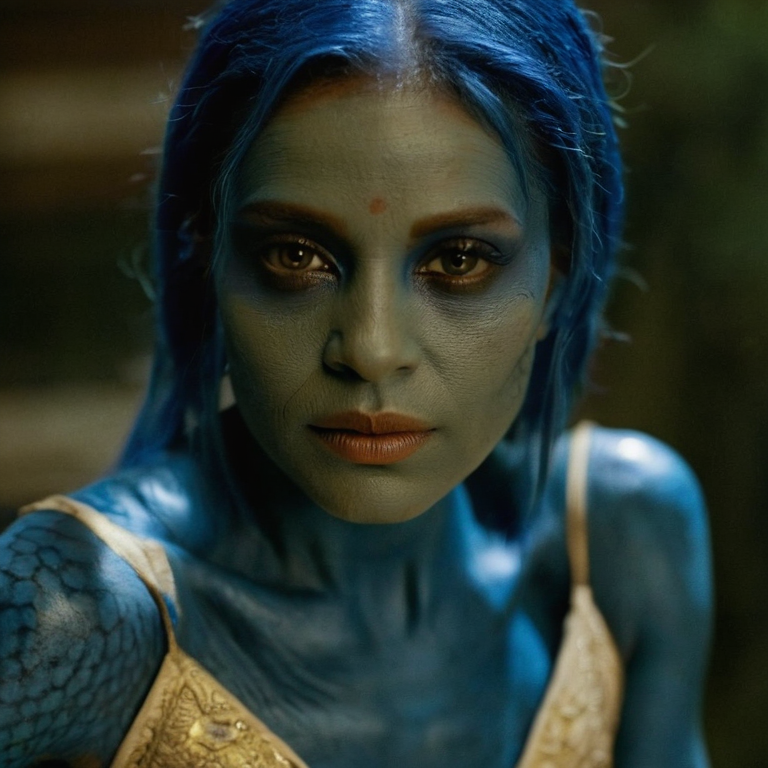 front shot, actor photo of a Blue skin woman  looks at viewer, cinematic shot