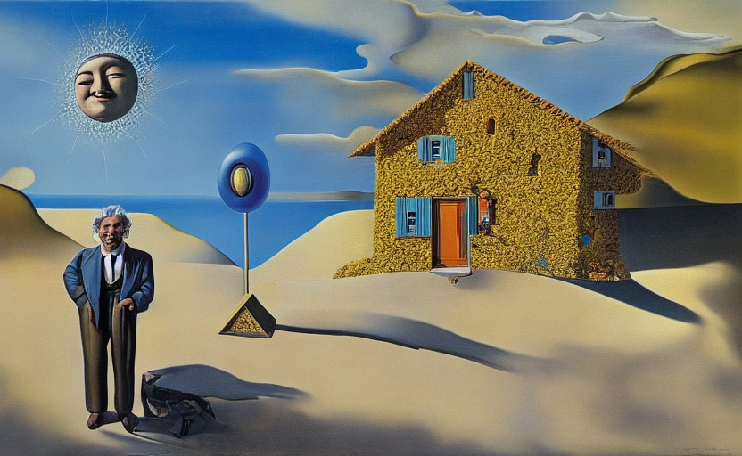 A happy person standing in front of a house on a sunny day by Salvador Dali