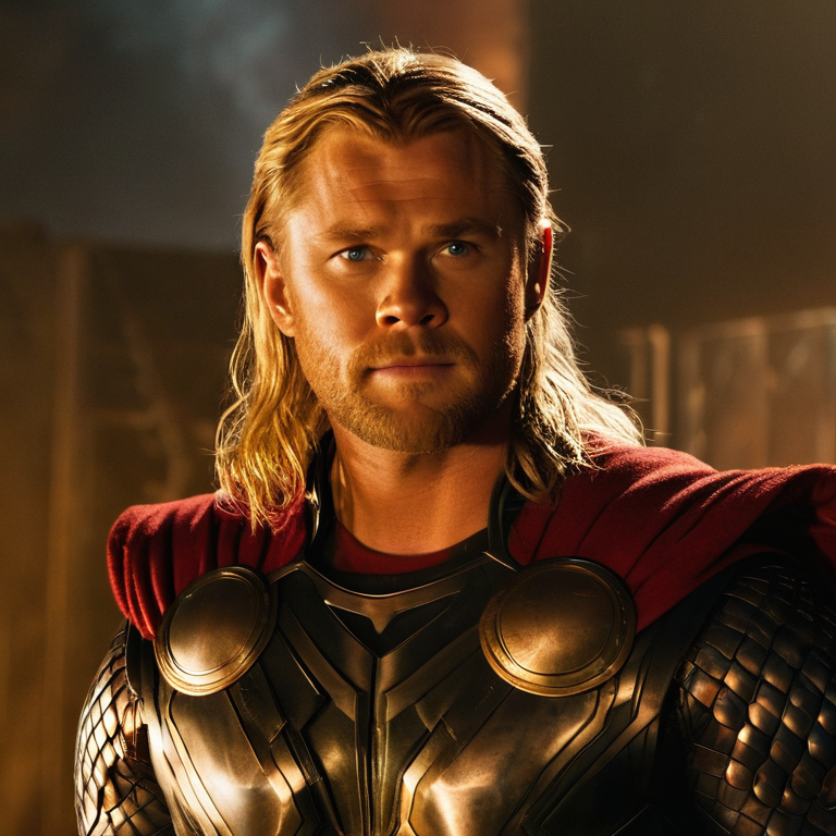 front shot, actor photo of a Thor  looks at viewer, cinematic shot