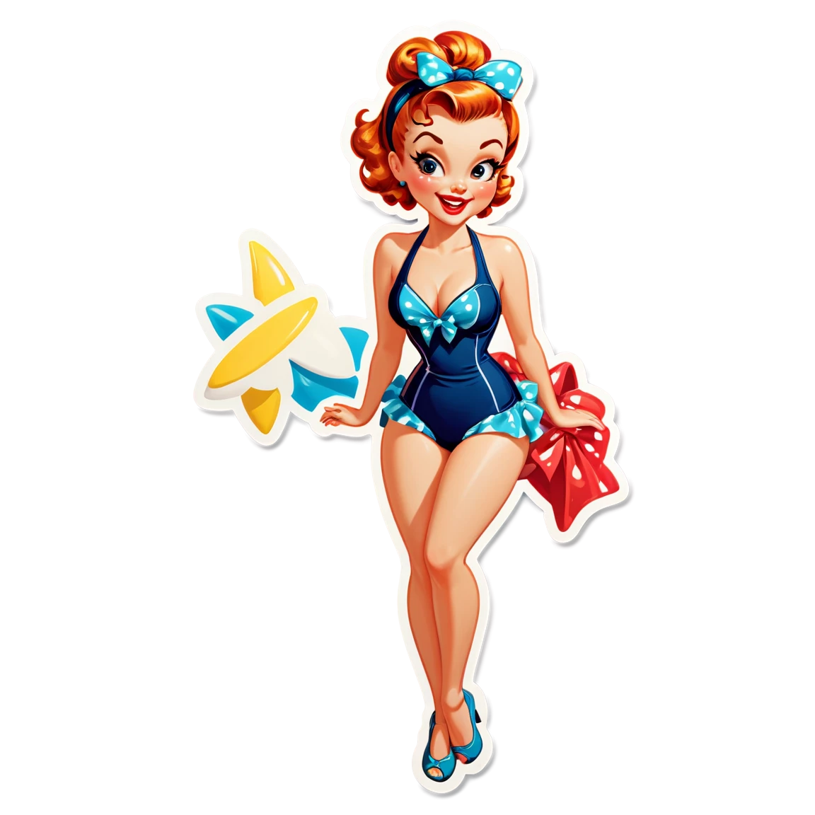 in a bathing suit, in a playful pose, winking pinup-girl stickers