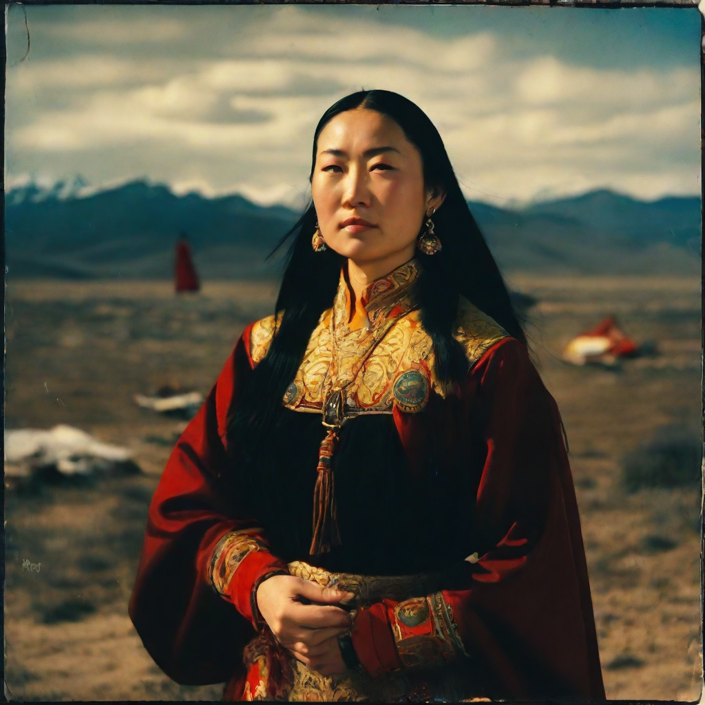 front shot, photo of Asian Mongolian ceremonial woman  looks at viewer, cinematic shot