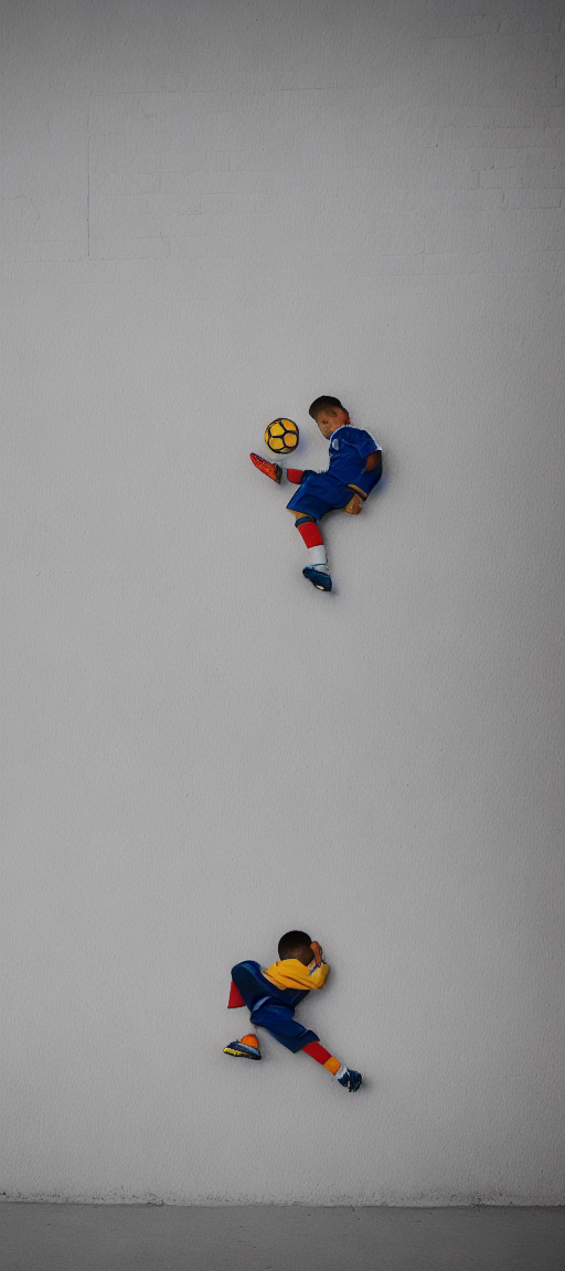 Draw a picture of a child kicking a ball on the white wall