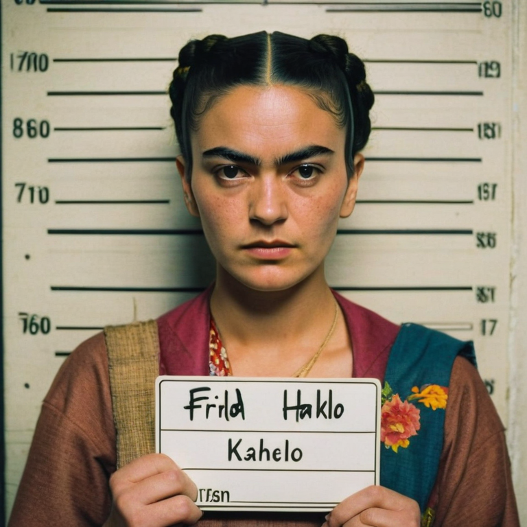 front shot, mugshot photo of a woman who looks like frida kahlo  looks at viewer, cinematic shot