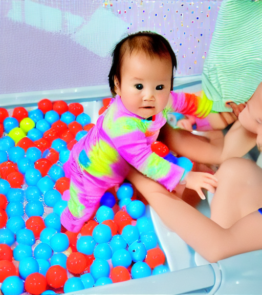 Baby girl in polka dot ball pool by Yayoi Kusama