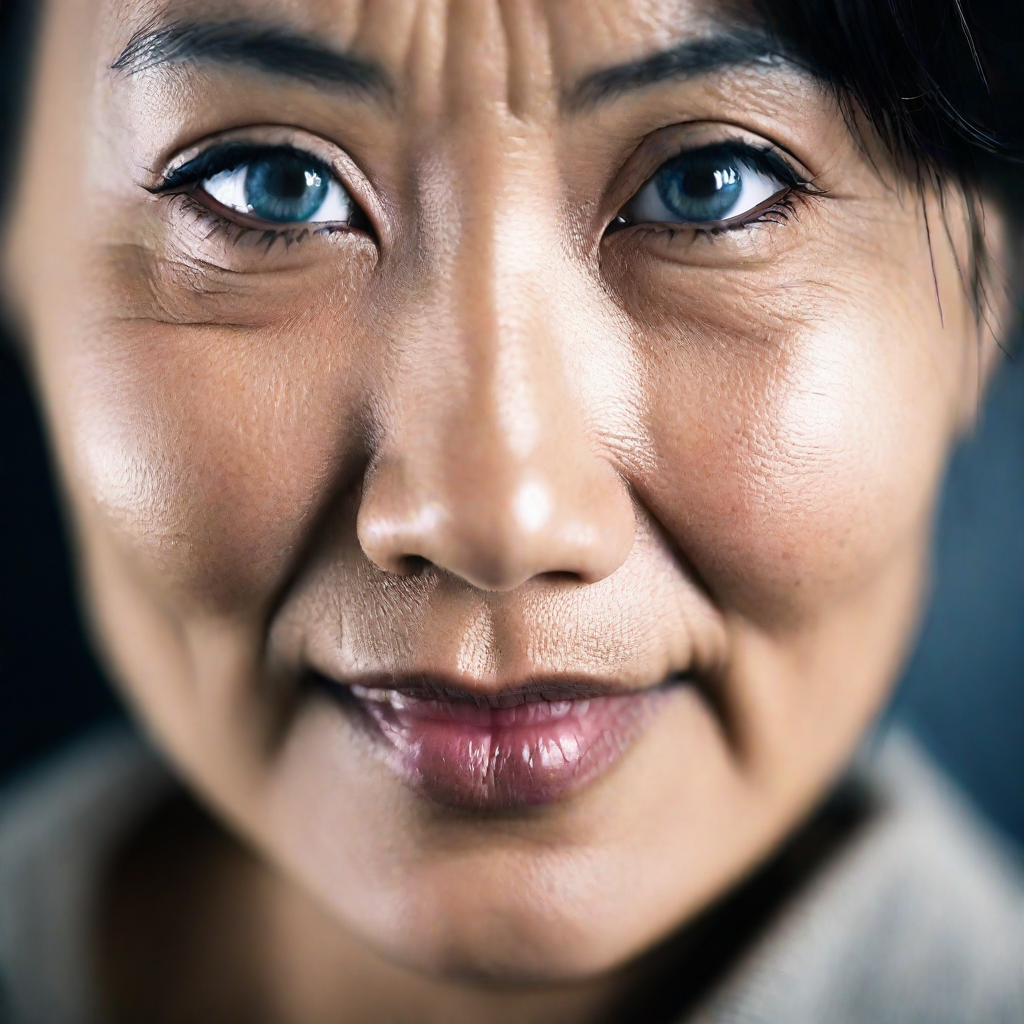 front shot, photo of an asian woman with blue eyes age 50  looks at viewer, cinematic shot