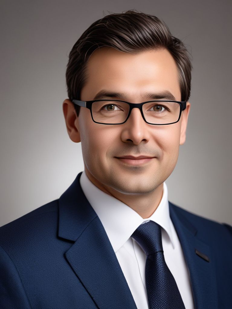 Headshot of a business man in a dark blue suit and tie.