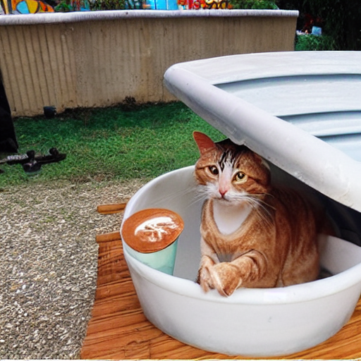 gato bebiendo café en una tumbona en la piscina