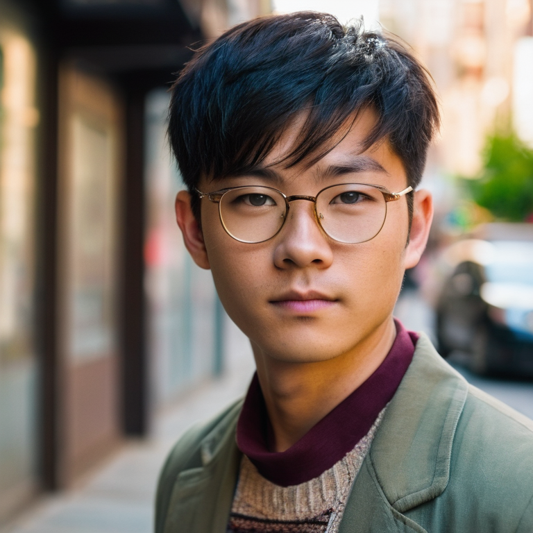 front shot, actor photo of a Young Asian guy, a little bit street a little bit nerd  looks at viewer, cinematic shot
