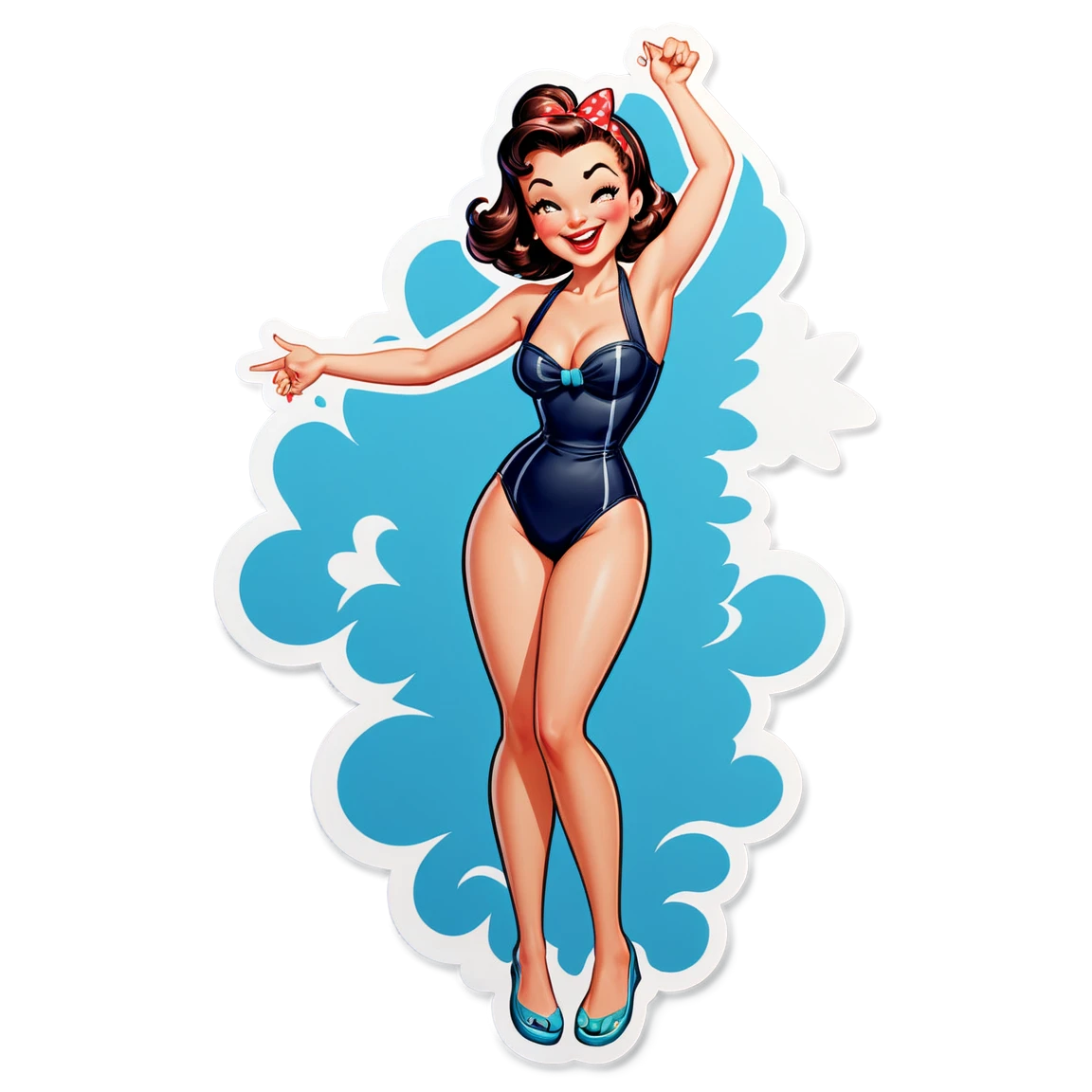 a man wearing a wommens bathing suit, in a playful pose, winking pinup-girl stickers