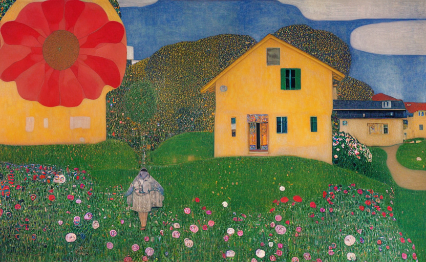 A happy person standing in front of a house on a sunny day by Gustav Klimt