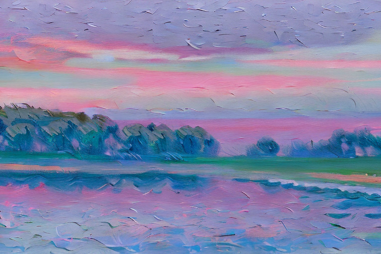 An AI generated image representing "Inspired by the trend of muted color palettes, generate a calming landscape scene featuring soft pastel colors. Include elements such as rolling hills, gentle skies, and tranquil waters, reminiscent of the works of Claude Monet."