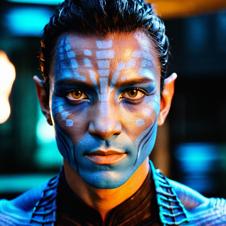 front shot, actor photo of a Avatar blue skin  looks at viewer, cinematic shot