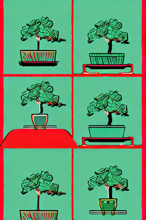 AI generated art representing "A bonsai tree stands out among a graphic design print, with a striking minimalist colour scheme. The illustration captures the essence of a peaceful moment, with bold lines, muted tones, and a hint of a cool breeze in the air."