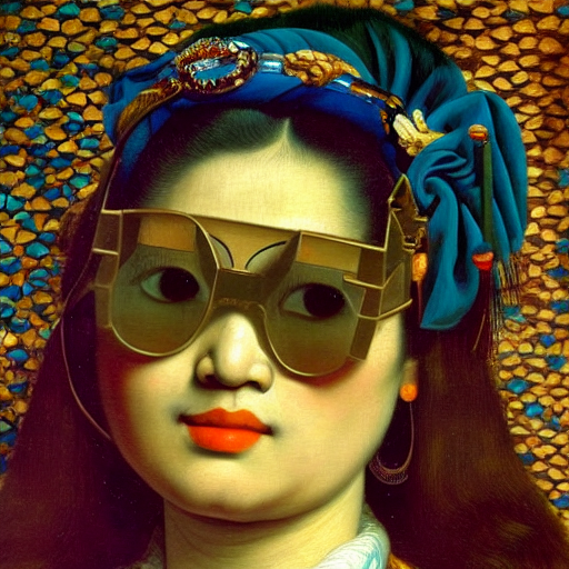 young Asian lady with cool glasses  by Rembrandt by Vincent Van Gogh by Rene Magritte surrealist by Picasso by Gustav Kl