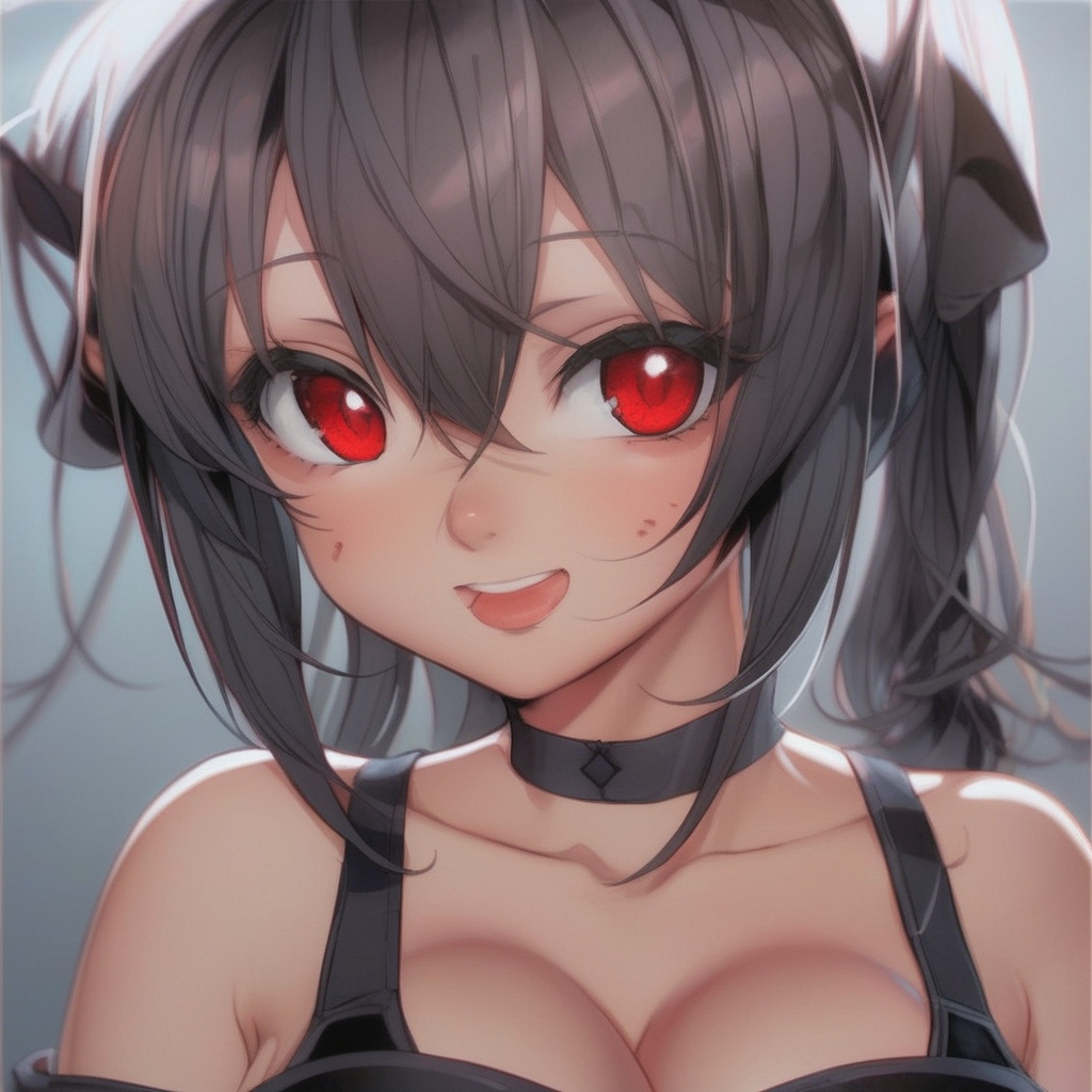 She is in a black outfit with ponytails and a big booty and boobs has red eyes and Hair, realistic, HD color photograph