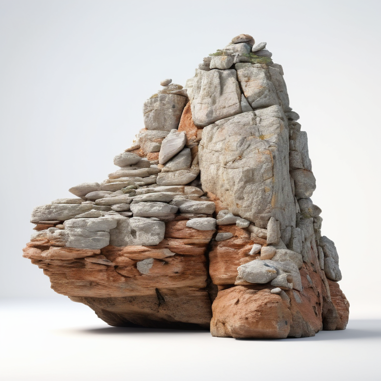 white background, front shot studio 3D render of precarious rock  looks at viewer, cinematic shot