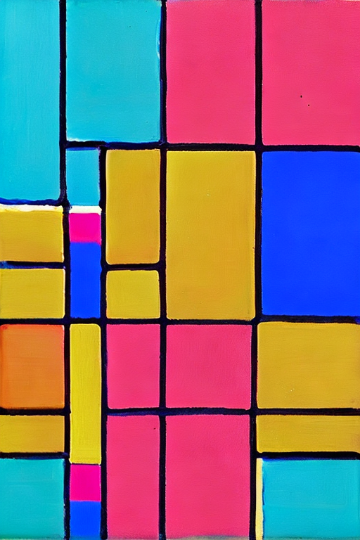 AI generated art representing "Abstract Piet Mondrian Tableau I: A bright and vibrant composition of interlocking shapes, lines and colours, with a strong contrast between the primary colours of red, yellow, and blue. Warm tones of orange and pink fill the background, creating a visually stimulating atmosphere."