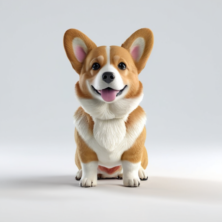 white background, front shot studio 3D render of corgi cute, cinematic shot