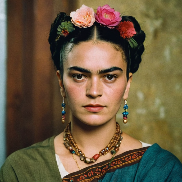 front shot, actor photo of a woman who looks like frida kahlo  looks at viewer, cinematic shot