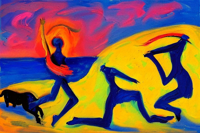 An AI generated image representing "Dance Around the Golden Calf by Emil Nolde, dancing on the beach, sunset"