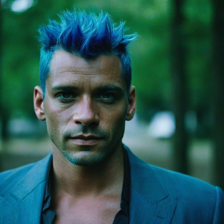 front shot, actor photo of a Blue hair man  looks at viewer, cinematic shot