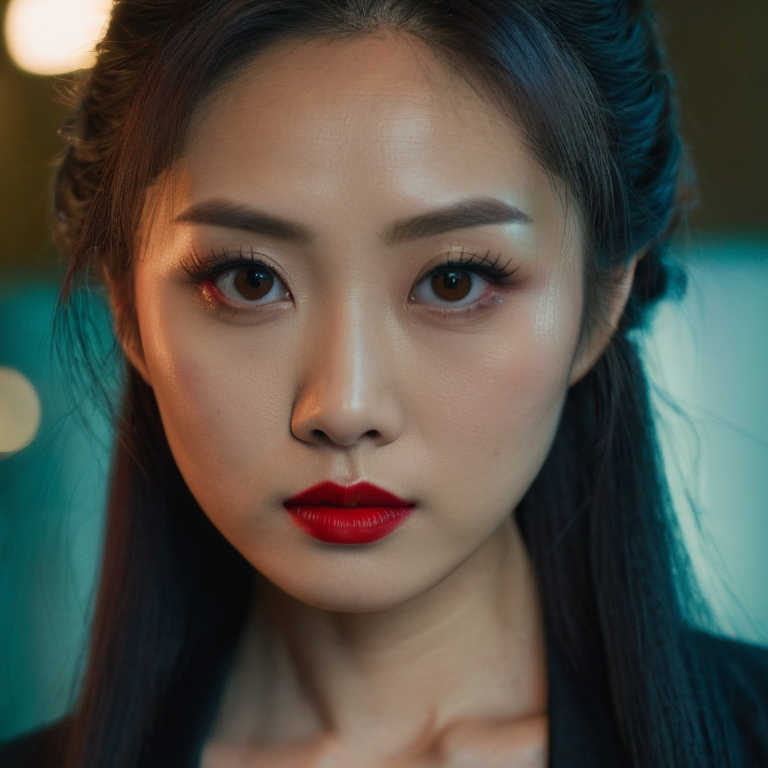 front shot, actor photo of a Asian female big eyes long hair red lipstick  looks at viewer, cinematic shot
