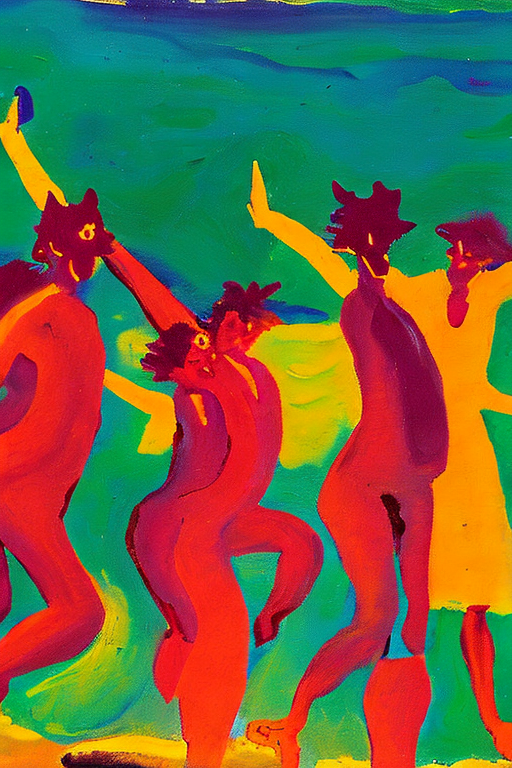 An AI generated image representing "The figures in Dance Around the Golden Calf by Emil Nolde are alive with movement, the vibrant brushwork creating a frenzied feel. The wild, distorted figures are lit by a fiery sunset, their silhouettes contrasted against the cool blues and greens of the beach. The scene is filled with a sense of chaotic energy, the bright colours and rough, abstracted shapes hinting at a passionate and unrestrained joy."