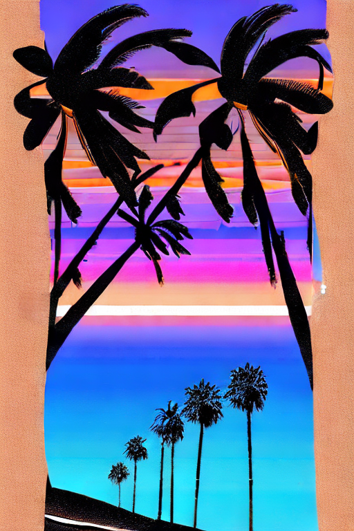 AI generated art representing "A california beach at dusk, the sky a vivid mixture of oranges, purples and blues. The ocean is a glassy mirror, reflecting the silhouette of a lone surfer and the sway of the palm trees. A graphic design print of the scene, capturing the fleeting moment and evoking a sense of tranquillity and serenity."
