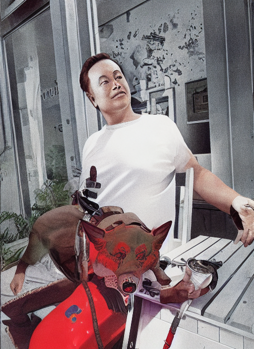 An 80s Conan Elon Musk action hero posing over hipster coffeee shop