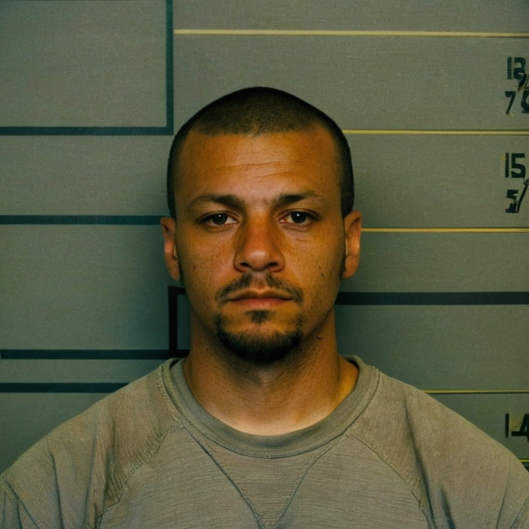 front shot, mugshot photo of a man  looks at viewer, cinematic shot