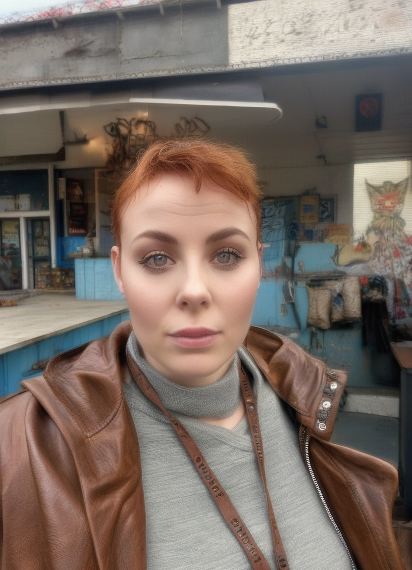 Female.  20 years old.  Thin bodyweight.  Short wavy auburn hair.  Brown eyes.  Long leather coat.  Big wide puffy dress