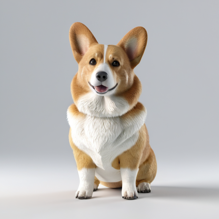 white background, front shot studio 3D render of corgi, cinematic shot