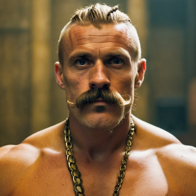 front shot, actor photo of a Large mustache techno Viking  looks at viewer, cinematic shot