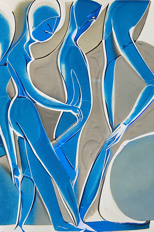 AI generated art representing "Four striking blue nude female figures, elegantly depicted using ink and cut paper, each posed in a unique and graceful manner. The figures are presented against a clean white background, bathed in a soft, diffused lighting that creates a soothing and serene atmosphere. These simple yet powerful abstract figures are characterized by their flowing lines and organic curves, their lack of facial features drawing the eye towards their elegant forms. The subtle use of shadow and texture enhances the depth and dimension of the figures, creating an overall stunning visual experience."