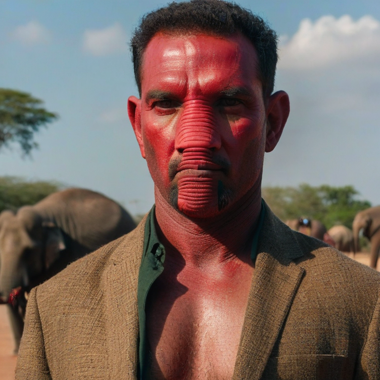 front shot, actor photo of a A red elephant  looks at viewer, cinematic shot