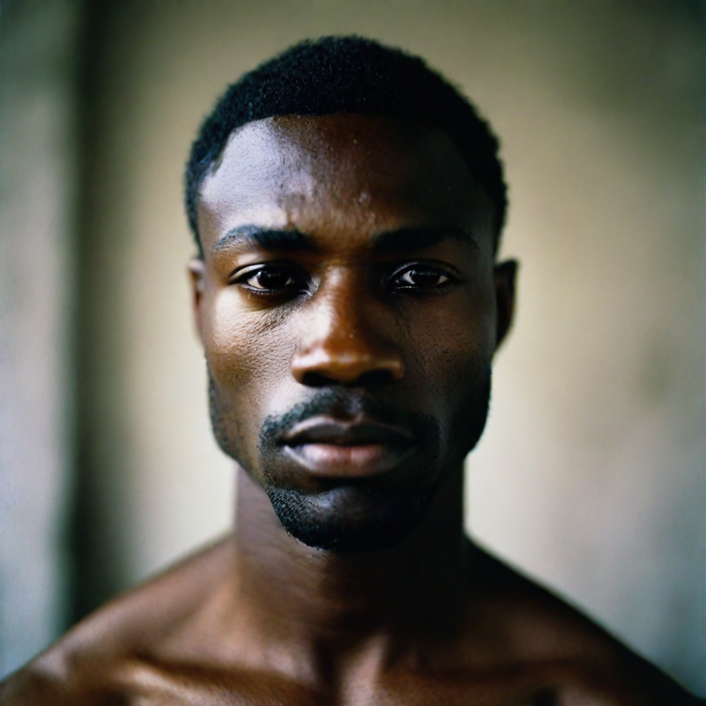 front shot, photo of Black man approx 27 years old, strong jaw line, thin nose, lighter skin  looks at viewer, cinematic