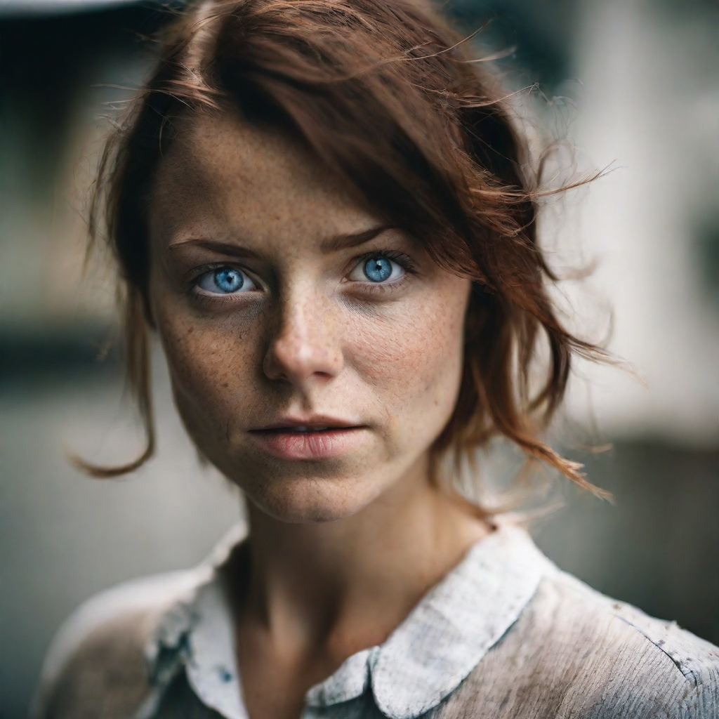 front shot, photo of a woman with blue eyes  looks at viewer, cinematic shot