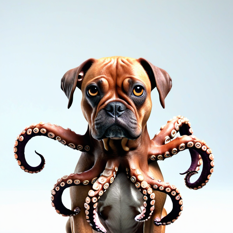 white background, front shot studio 3D render of OCTOPUS DOG, cinematic shot