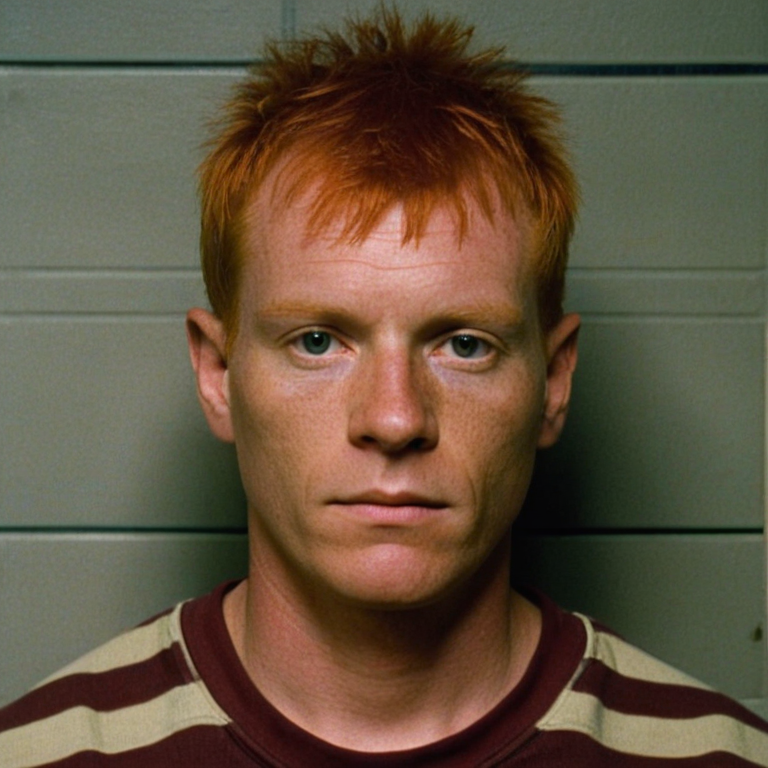 front shot, mugshot photo of a man with no beard and red hair  looks at viewer, cinematic shot