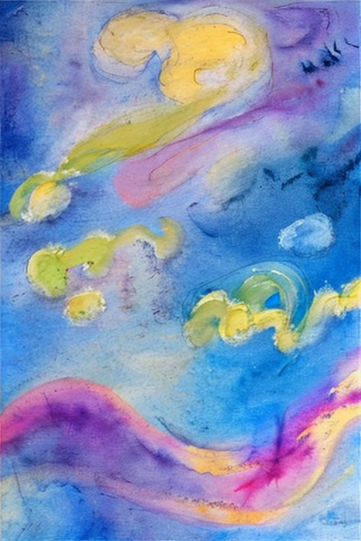 AI generated art representing "Create an abstract watercolor painting inspired by the dreamy style of Marc Chagall, featuring whimsical, floating cloud formations. Use a color palette of soft pastel blues, purples, pinks, and yellows to convey the ethereal quality of a sky filled with billowy clouds. Employ gentle, flowing brushstrokes and organic shapes to create a sense of weightlessness and serenity."