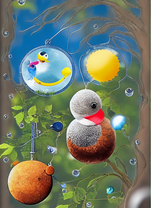 Wassertropfen, alter Baum, Mond, Huhn, Twingo, kleiner Mensch, Plattenspieler, Schnecken