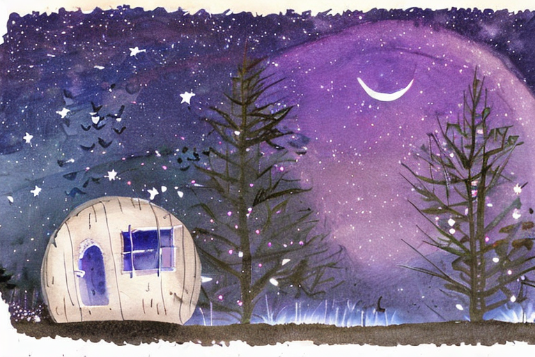 AI generated art representing "Design a mesmerizing nighttime watercolor scene by J.M.W. Turner, showcasing a starry sky with a glowing crescent moon, silhouettes of trees, and a small, cozy cabin, using a color palette of deep blues, purples, and hints of silver."