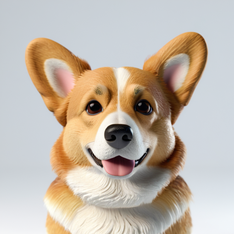 white background, front shot studio 3D render of corgi, cinematic shot