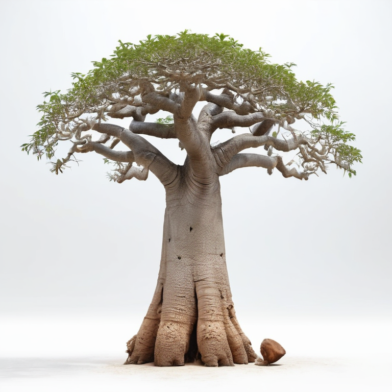 white background, front shot studio 3D render of BAOBAB TREE, cinematic shot