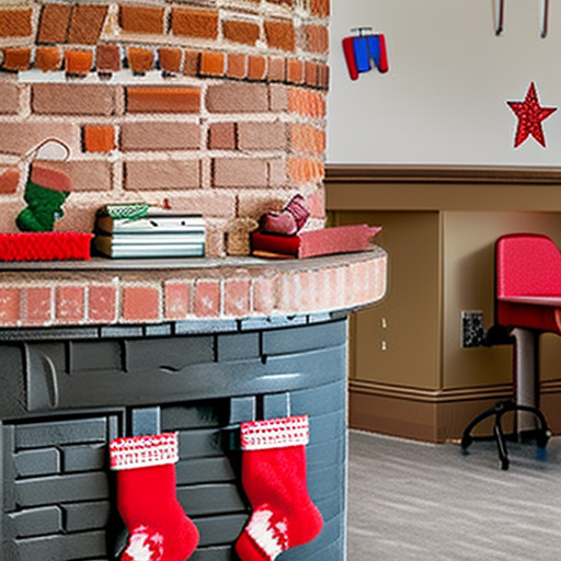 brick fireplace with christmas stockings in school classroom with desks and chairs