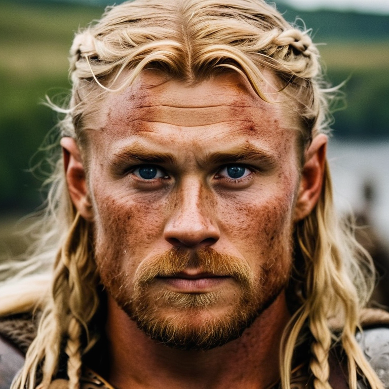 front shot, actor photo of a Blonde freckles Thor Viking  looks at viewer, cinematic shot