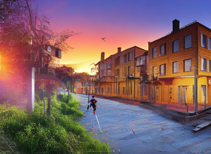 A kid rollerblading home at sunset
