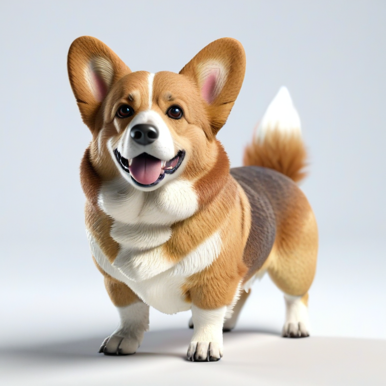 white background, front shot studio 3D render of corgi, cinematic shot