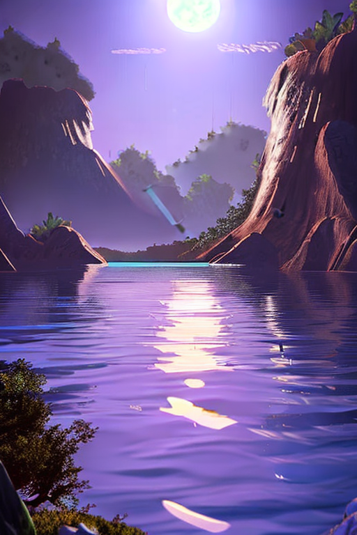 AI generated art representing "in a distant magical fairytale dreamland, dreamy lighting, big stars glow in the sky, lit by a full moon, in the foreground you see sky islands with waterfalls floating in the sky above a calm ocean, reflecting the scene. "